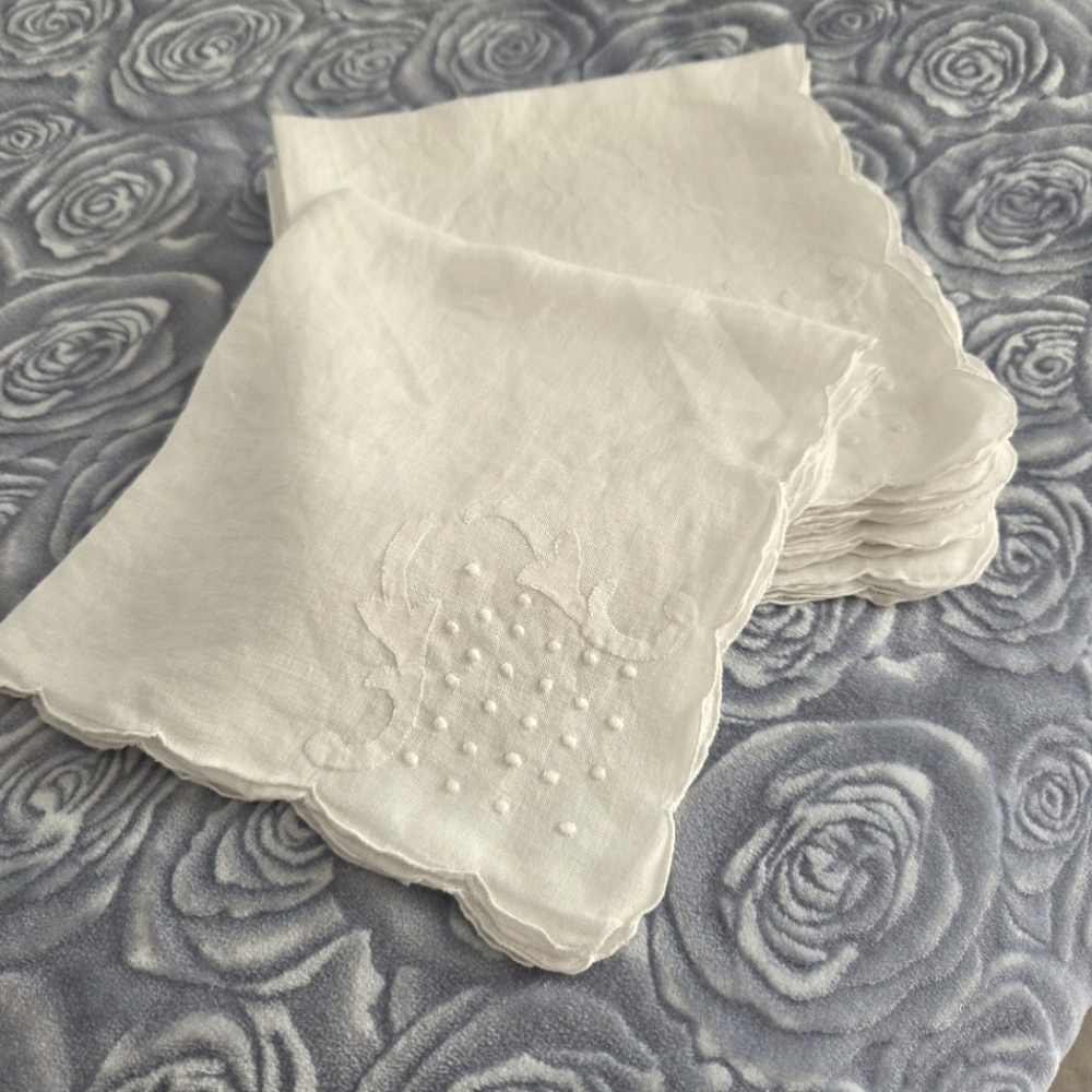 Eight White Linen Scalloped Edge Napkins